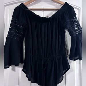 Blush Black Off-Shoulder Lace Sleeve Top